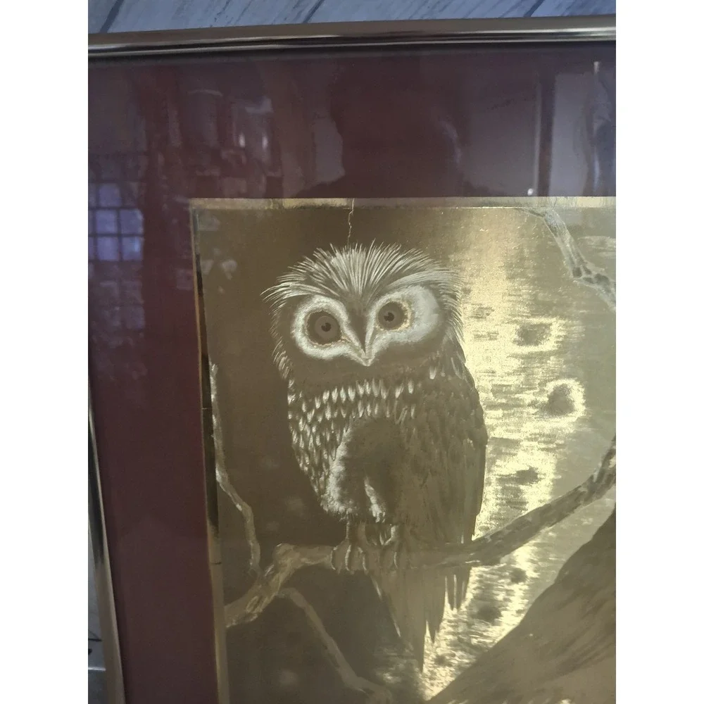 Vintage Manifestations Optical Illusionary Art Gold Foil Owl Framed VTG 1976